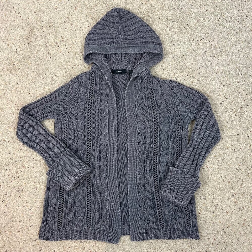 Y2K Express Hooded Gray Cable Knit Cardigan Sweater Boho‎ Size Small Women's